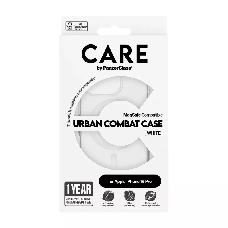 PanzerGlass CARE™ Urban Combat dėklas permatomas su balta MagSafe iPhone 16 Pro