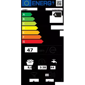 Skalbimo mašina su viršutiniu pakrovimu CANDY TCA284TM5-S – 8 kg, 1200 aps./min., A energijos klasė, 410×600×860 mm, balta