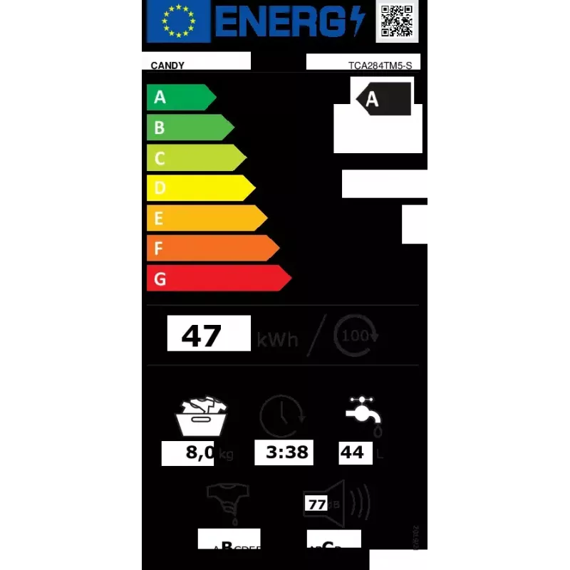 Skalbimo mašina su viršutiniu pakrovimu CANDY TCA284TM5-S – 8 kg, 1200 aps./min., A energijos klasė, 410×600×860 mm, balta