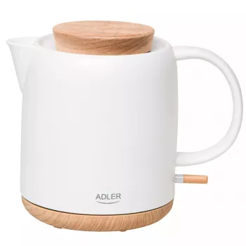 Elektros virdulys Adler AD 1304 – 1 L, 1200 W, keraminis korpusas, šarnyrinis dangtelis, 360° sukamas pagrindas, baltas