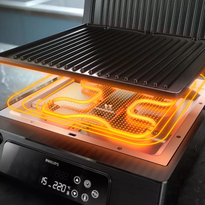 Philips 7000 serijos kontaktinis grilis, juodas, stačiakampis, liečiamas, 220 °C, šarnyrinis dangtis, fiksuojamas dangtis, 180°