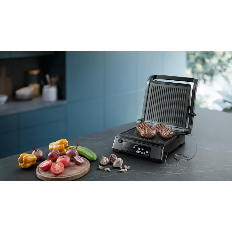 Philips 7000 serijos kontaktinis grilis, juodas, stačiakampis, liečiamas, 220 °C, šarnyrinis dangtis, fiksuojamas dangtis, 180°