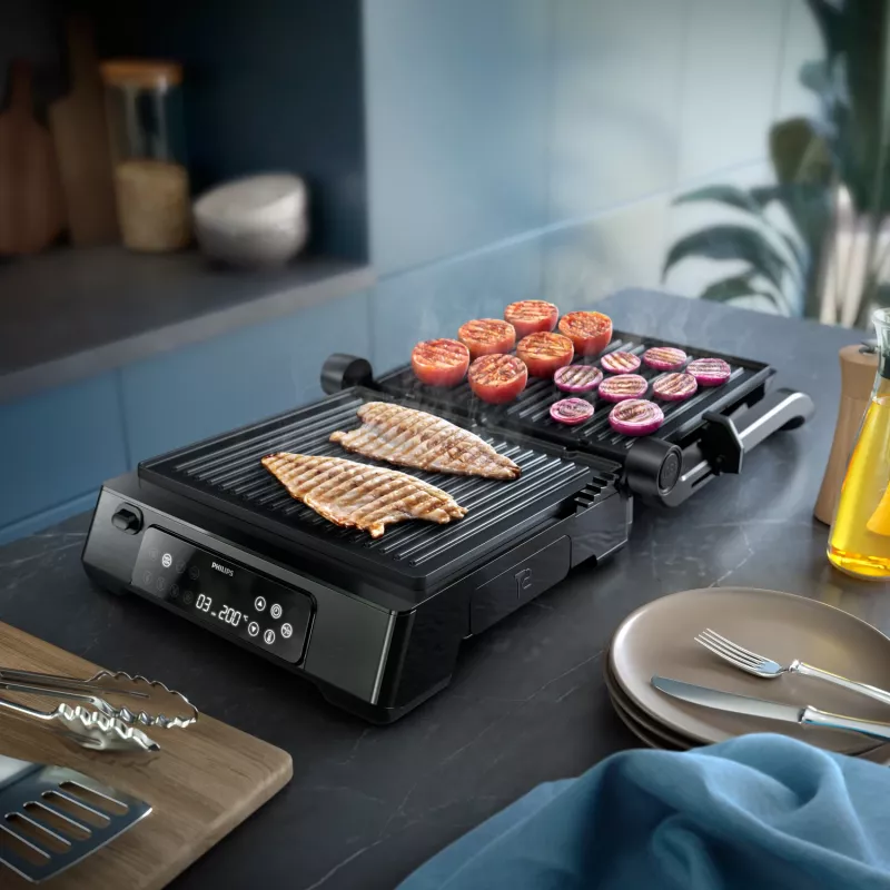 Philips 7000 serijos kontaktinis grilis, juodas, stačiakampis, liečiamas, 220 °C, šarnyrinis dangtis, fiksuojamas dangtis, 180°