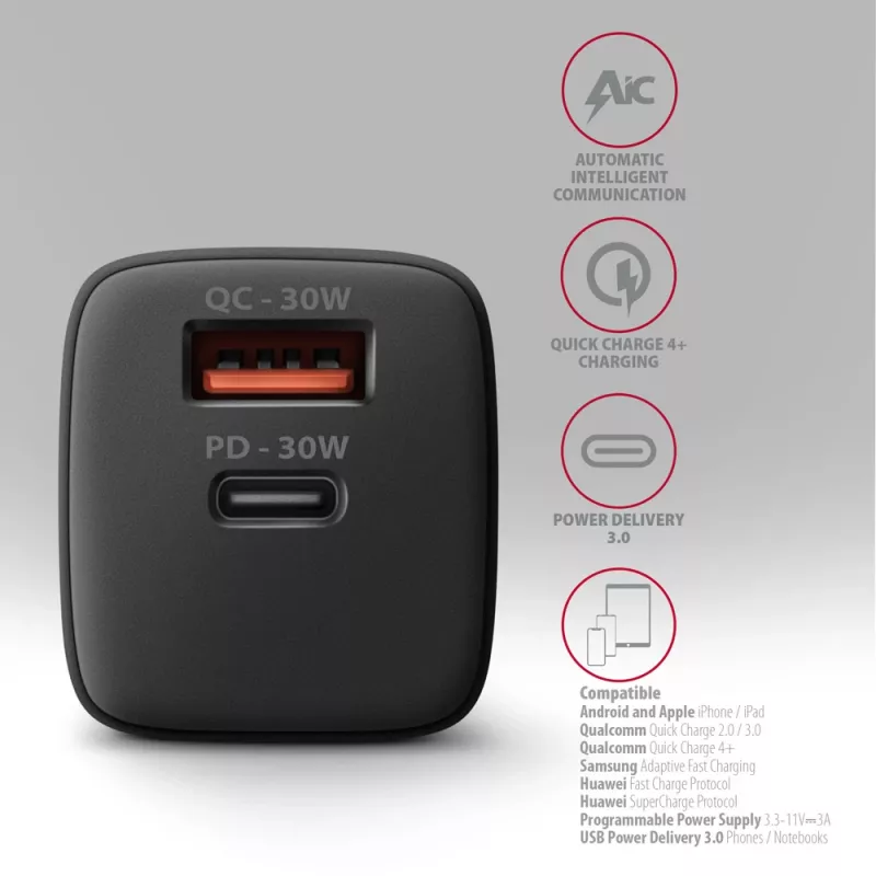 Sieninis įkroviklis Axagon ACU-PQ30 PD3.0 & QC4+ 2x išėjimai 30W