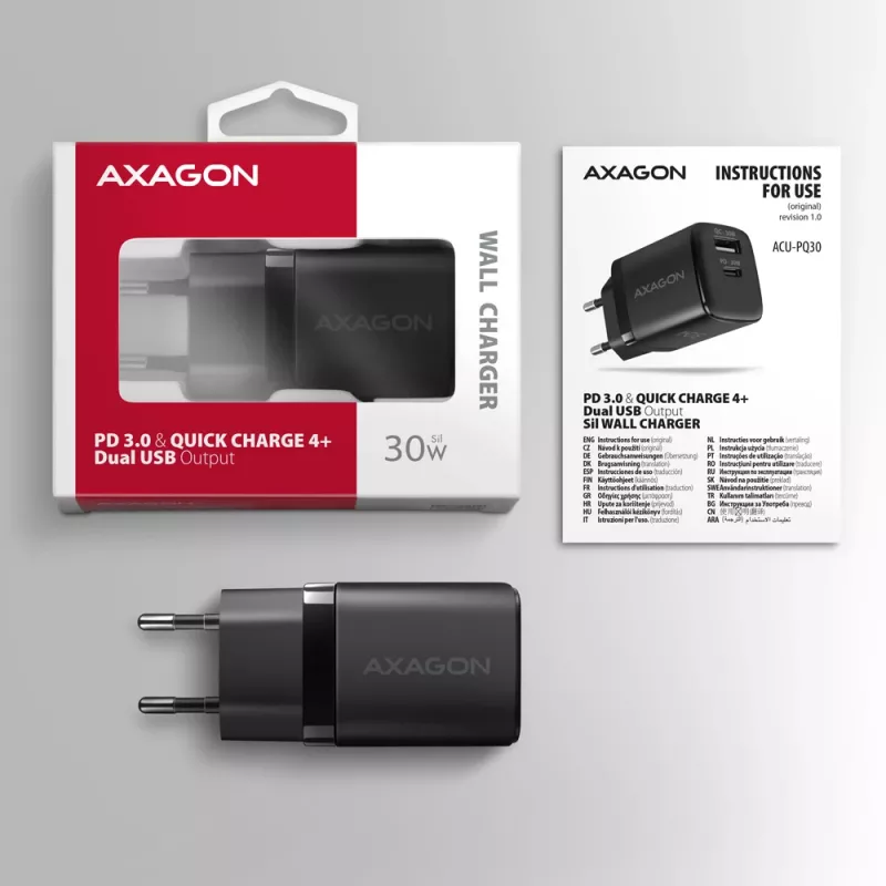 Sieninis įkroviklis Axagon ACU-PQ30 PD3.0 & QC4+ 2x išėjimai 30W