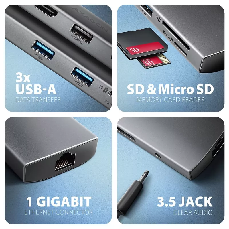 Axagon HMC-8HLSA, USB 5Gbps stotelė, 3x USB-A, HDMI 4k/60Hz, RJ-45, SD/microSD, garsas, PD 100W