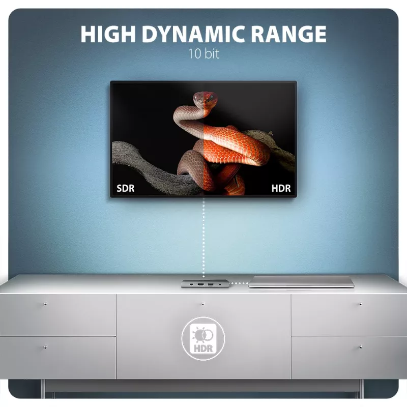 Axagon HMC-8HLSA, USB 5Gbps stotelė, 3x USB-A, HDMI 4k/60Hz, RJ-45, SD/microSD, garsas, PD 100W