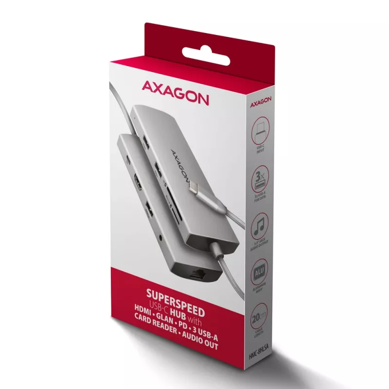 Axagon HMC-8HLSA, USB 5Gbps stotelė, 3x USB-A, HDMI 4k/60Hz, RJ-45, SD/microSD, garsas, PD 100W