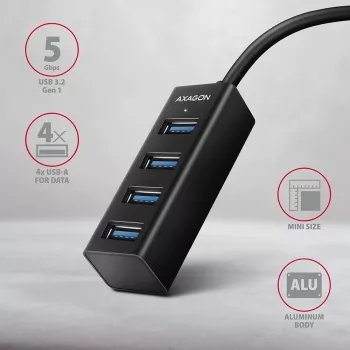 Axagon HUE-M1A 4x USB 3.2 Gen 1 MINI USB šakotuvas, metalinis, 20 cm USB-A laidas