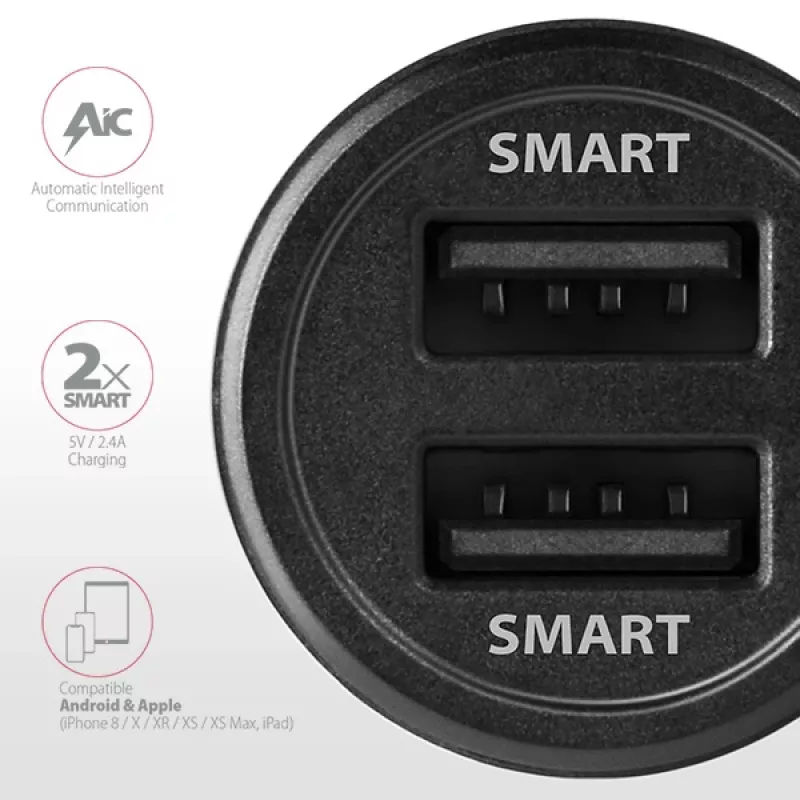 Automobilinis įkroviklis Axagon PWC-5V5 SMART 24W, 2x USB-A, 5V/2.4A + 5V/2.4A