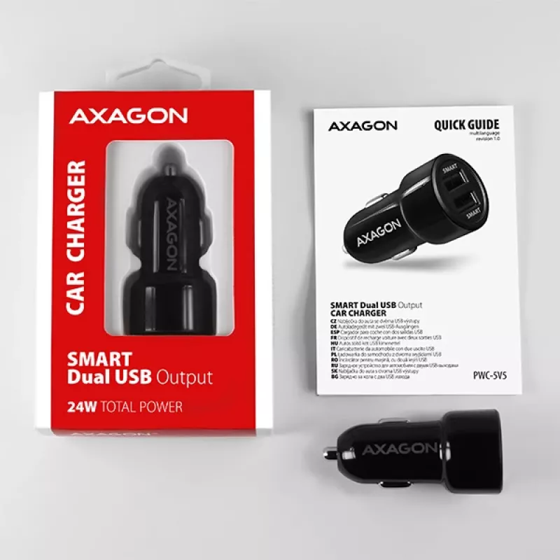 Automobilinis įkroviklis Axagon PWC-5V5 SMART 24W, 2x USB-A, 5V/2.4A + 5V/2.4A