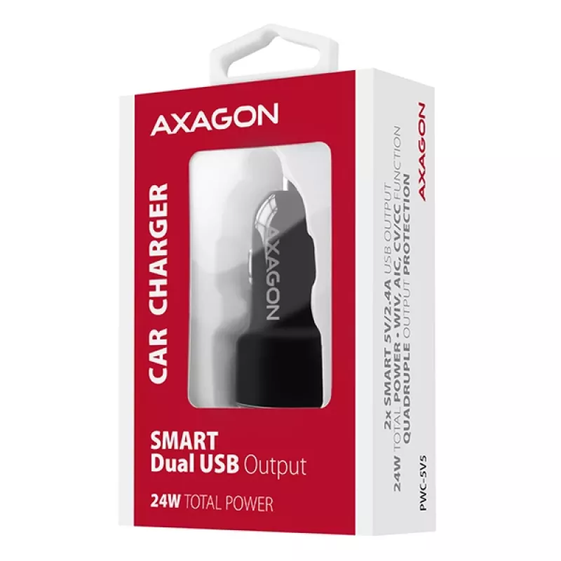 Automobilinis įkroviklis Axagon PWC-5V5 SMART 24W, 2x USB-A, 5V/2.4A + 5V/2.4A