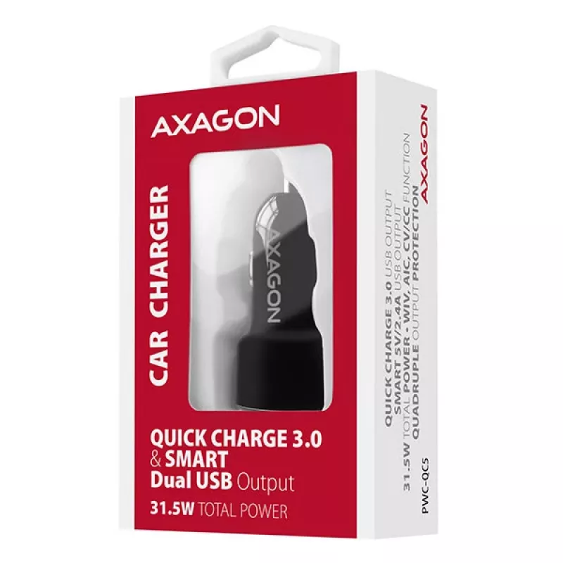 Automobilinis USB įkroviklis Axagon PWC-QC5, 31.5W, QC 3.0, SMART, juodas