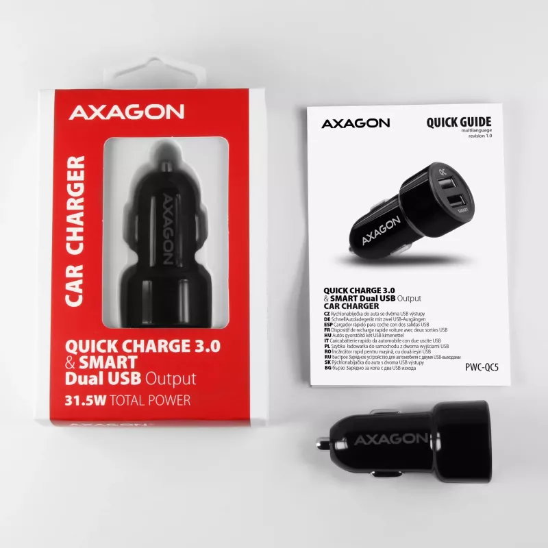 Automobilinis USB įkroviklis Axagon PWC-QC5, 31.5W, QC 3.0, SMART, juodas
