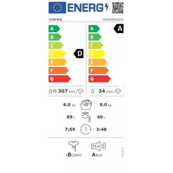 Gorenje WD2PA964ADW skalbyklė su džiovykle 9 kg / 6 kg 1400 aps/min