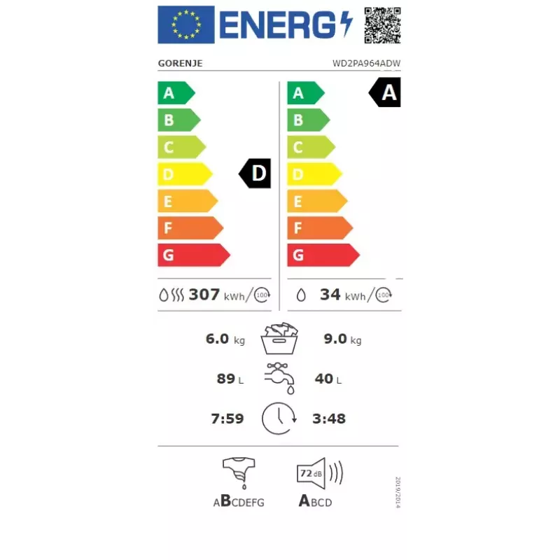 Gorenje WD2PA964ADW skalbyklė su džiovykle 9 kg / 6 kg 1400 aps/min
