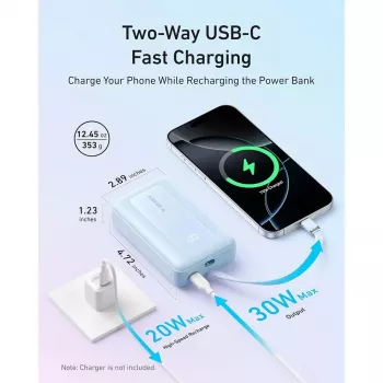 Powerbank Anker Zolo 10000mAh, 30W greitas įkrovimas, įmontuotas USB-C laidas, baltas