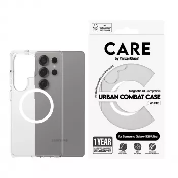 PanzerGlass CARE™ by ® Urban Combat Case Skaidrus su Baltu, Qi suderinamas Samsung Galaxy S25 Ultra