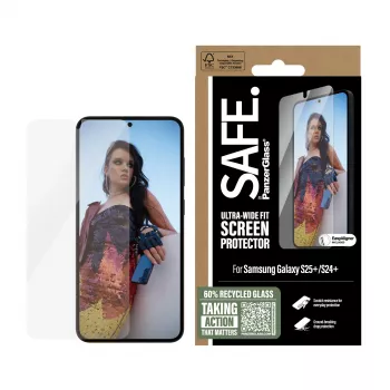 PanzerGlass SAFE. apsauginis stiklas Samsung Galaxy S25+ | S24+ | Ultra-Wide Fit su EasyAligner