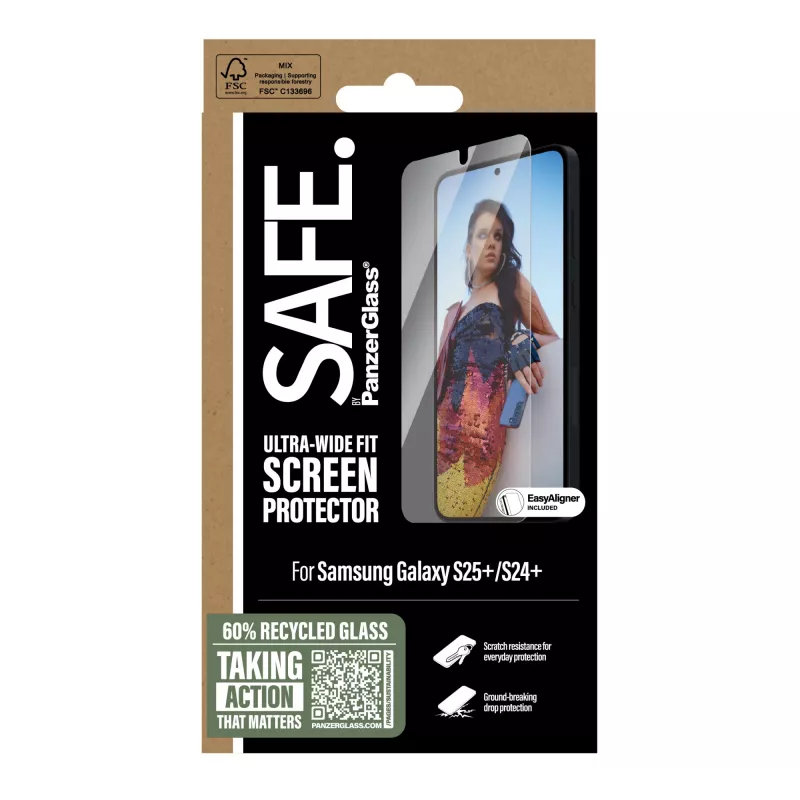 PanzerGlass SAFE. apsauginis stiklas Samsung Galaxy S25+ | S24+ | Ultra-Wide Fit su EasyAligner