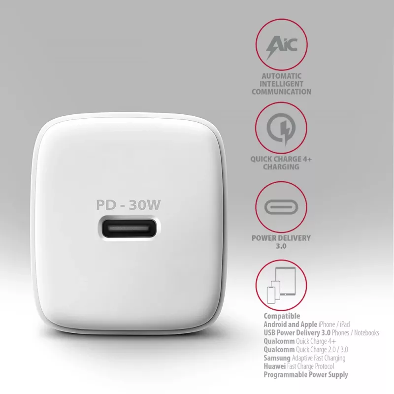 Sieninis įkroviklis Axagon ACU-PD30W 1x QC3.0/AFC/FCP/PD Type-C 30W Baltas