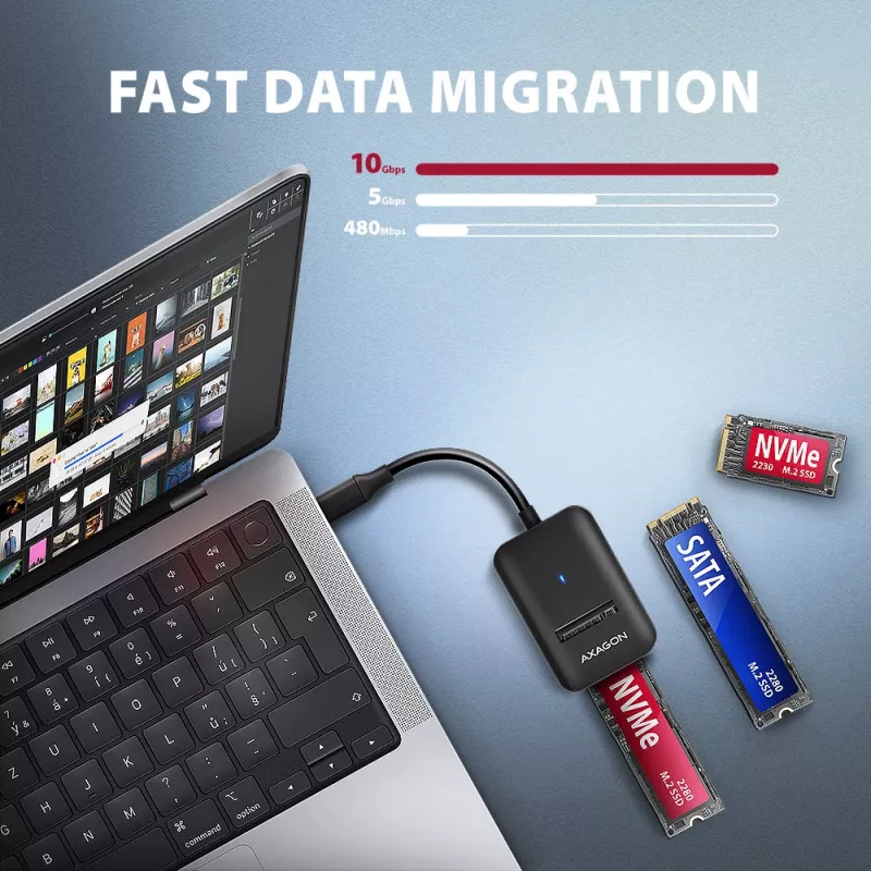 Axagon ADM2-CM USB-C adapteris M.2 NVMe SATA 10Gbps juodas