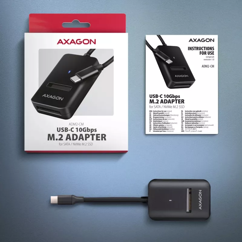 Axagon ADM2-CM USB-C adapteris M.2 NVMe SATA 10Gbps juodas