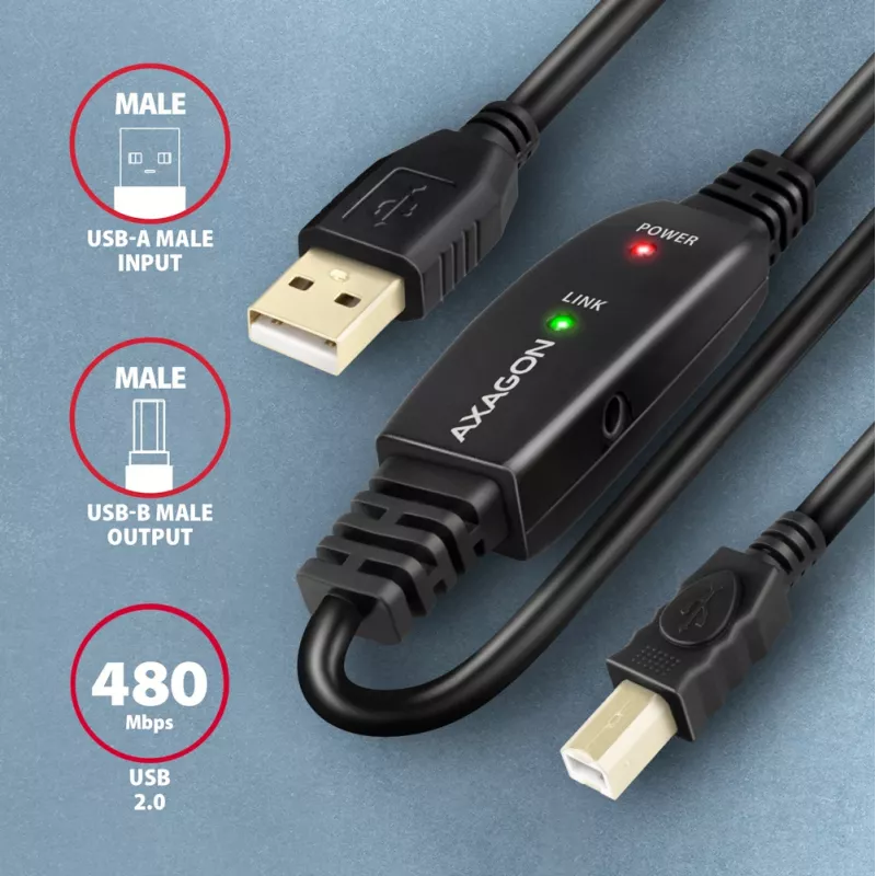 Axagon ADR-210B aktyvus USB 2.0 A-M → B-M jungiamasis kabelis su kartotuvu 10 m