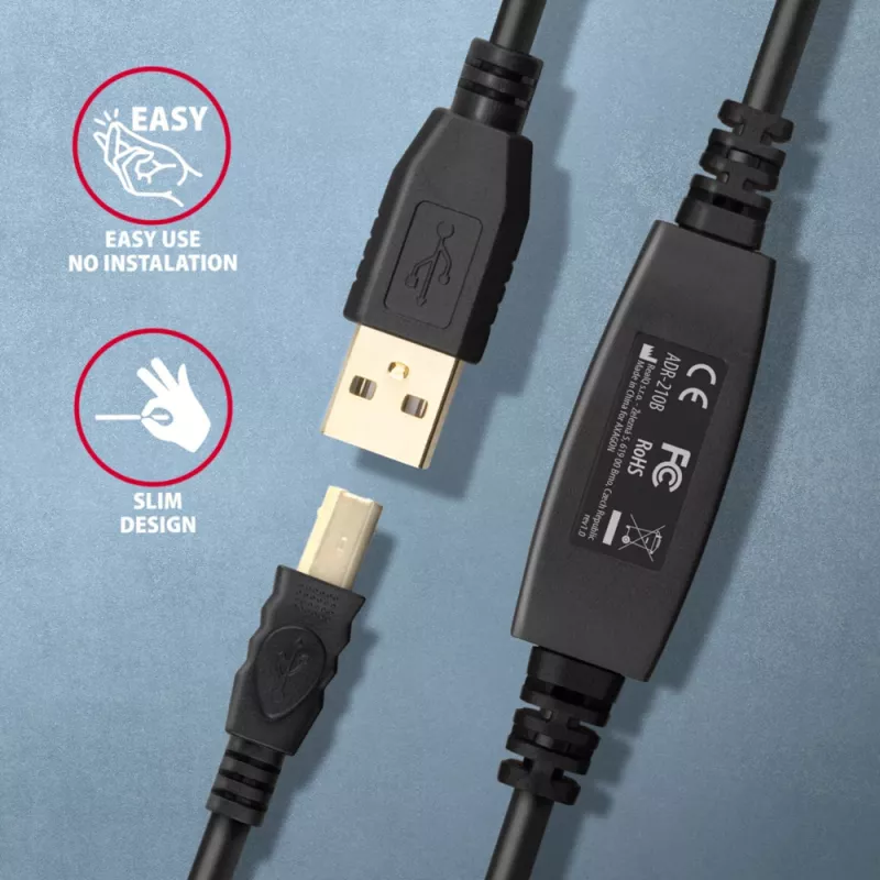 Axagon ADR-210B aktyvus USB 2.0 A-M → B-M jungiamasis kabelis su kartotuvu 10 m