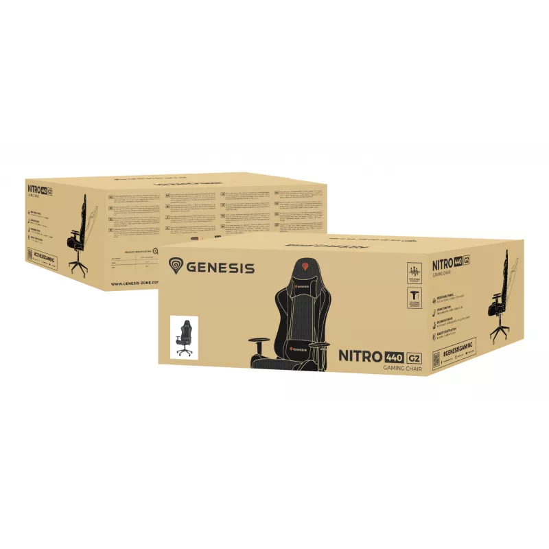 Žaidimų kėdė GENESIS Nitro 440 G2, paminkštinta sėdynė, audinys/dirbtinė oda, pilka/juoda, max 120 kg, reguliuojama atlošas ir 1D porankiai