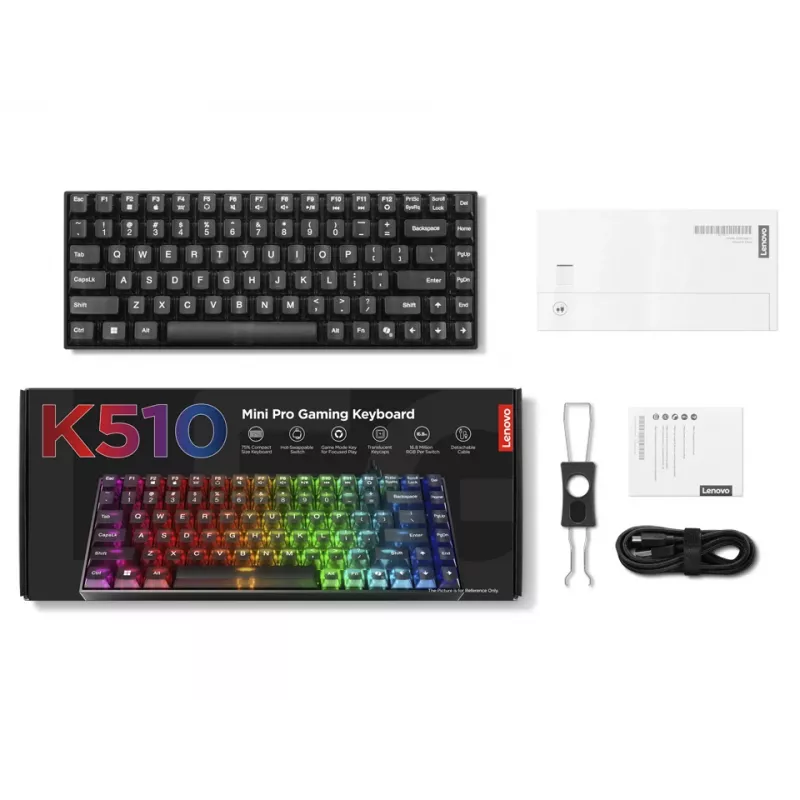 Mechaninė žaidimų klaviatūra Lenovo Legion K510 Mini Pro 75% JAV anglų, 84 klavišai, RGB, USB, 1,8 m laidas, Juoda/Permatoma