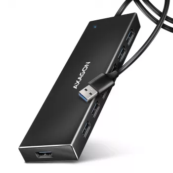 Axagon HUE-F7A 7x USB 3.2 Gen 1 ALU FLAT USB centrinis įrenginys su mikro maitinimo įvadu, 1 m USB-A kabeliu, juodos spalvos