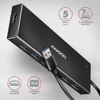 Axagon HUE-F7A 7x USB 3.2 Gen 1 ALU FLAT USB centrinis įrenginys su mikro maitinimo įvadu, 1 m USB-A kabeliu, juodos spalvos