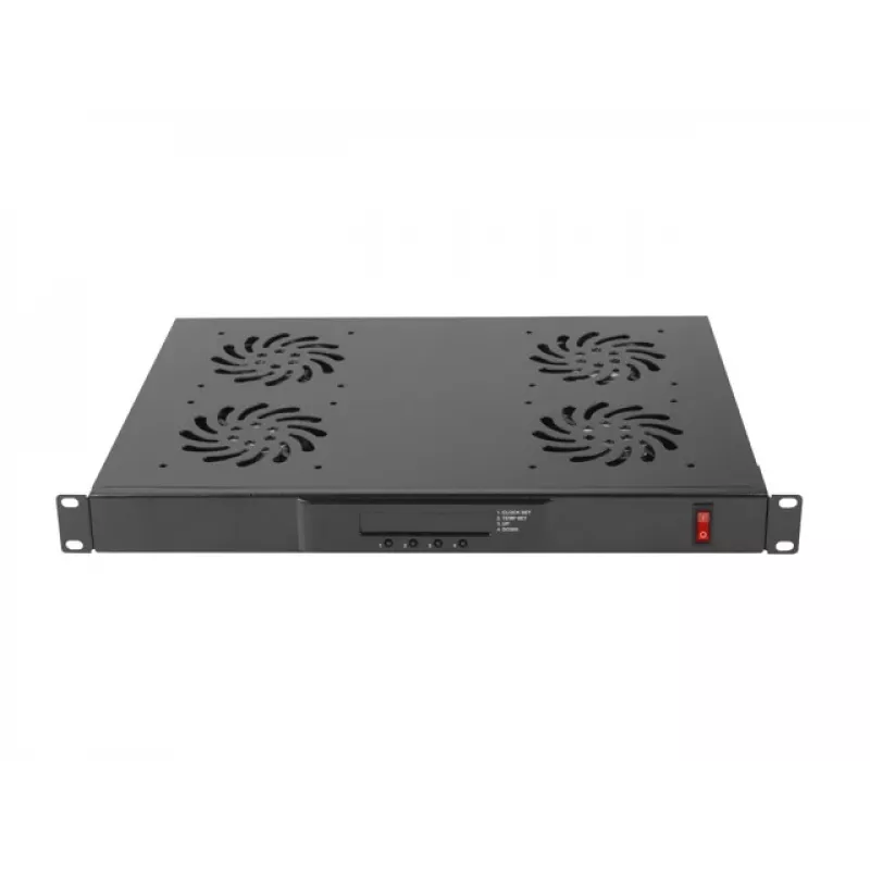 Viršutinis ventiliacijos skydelis LANBERG AK-1503-B — 1U, 4 ventiliatoriai, įmontuotas termostatas, LCD ekranas, 230 V, 76 W, 483×322×44.5 mm