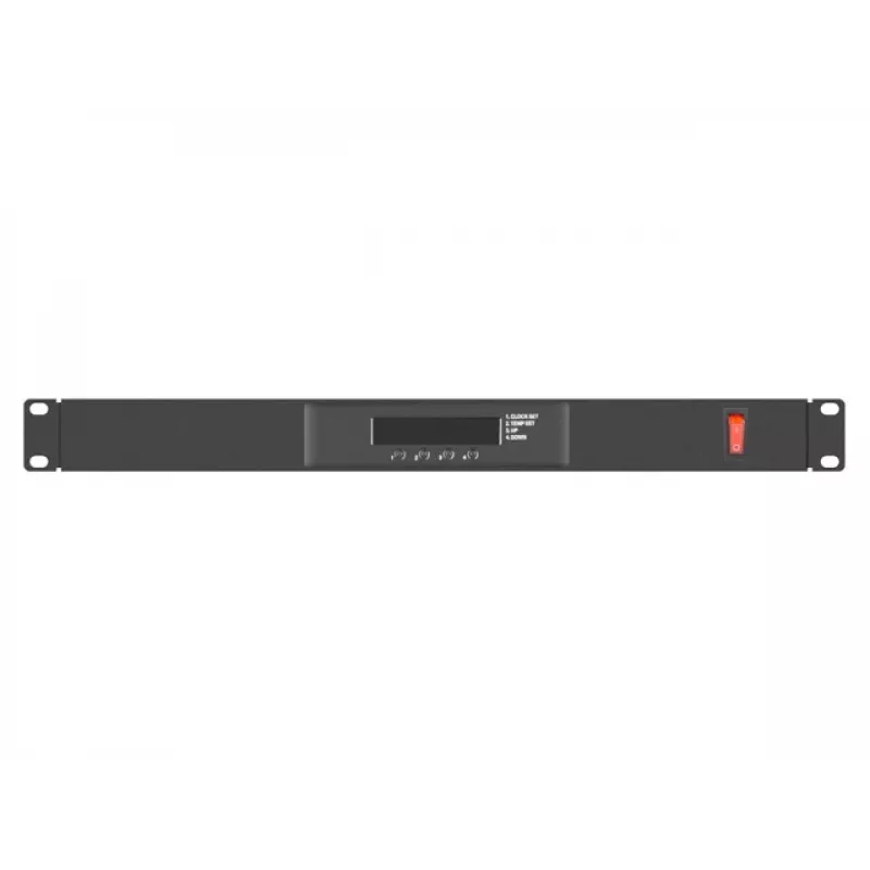 Viršutinis ventiliacijos skydelis LANBERG AK-1503-B — 1U, 4 ventiliatoriai, įmontuotas termostatas, LCD ekranas, 230 V, 76 W, 483×322×44.5 mm