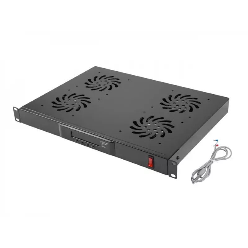 Viršutinis ventiliacijos skydelis LANBERG AK-1503-B — 1U, 4 ventiliatoriai, įmontuotas termostatas, LCD ekranas, 230 V, 76 W, 483×322×44.5 mm