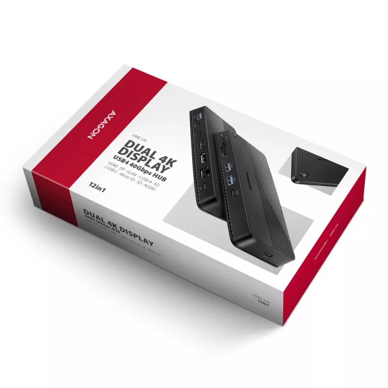 Axagon HMC-U4 USB4 stotelė, 3x USB-A, 2x USB-C, HDMI ir DP 8K/30Hz, RJ-45, SD/mSD, garsas, PD 100W