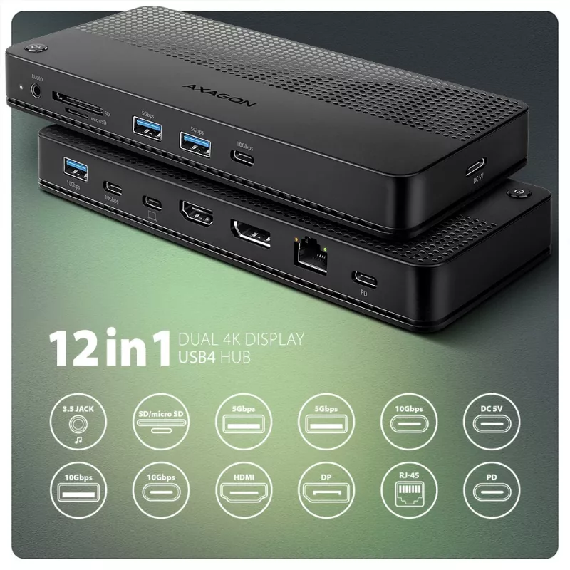 Axagon HMC-U4 USB4 stotelė, 3x USB-A, 2x USB-C, HDMI ir DP 8K/30Hz, RJ-45, SD/mSD, garsas, PD 100W