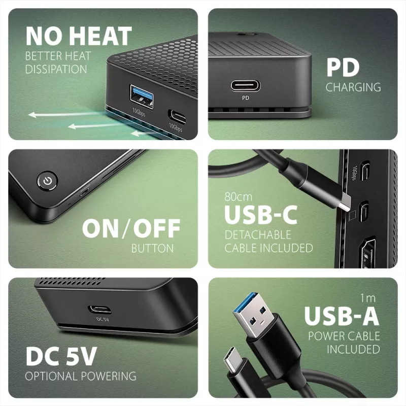 Axagon HMC-U4 USB4 stotelė, 3x USB-A, 2x USB-C, HDMI ir DP 8K/30Hz, RJ-45, SD/mSD, garsas, PD 100W
