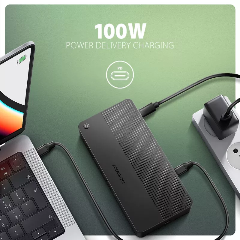 Axagon HMC-U4 USB4 stotelė, 3x USB-A, 2x USB-C, HDMI ir DP 8K/30Hz, RJ-45, SD/mSD, garsas, PD 100W