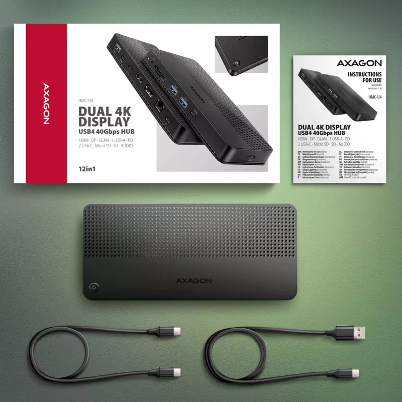 Axagon HMC-U4 USB4 stotelė, 3x USB-A, 2x USB-C, HDMI ir DP 8K/30Hz, RJ-45, SD/mSD, garsas, PD 100W