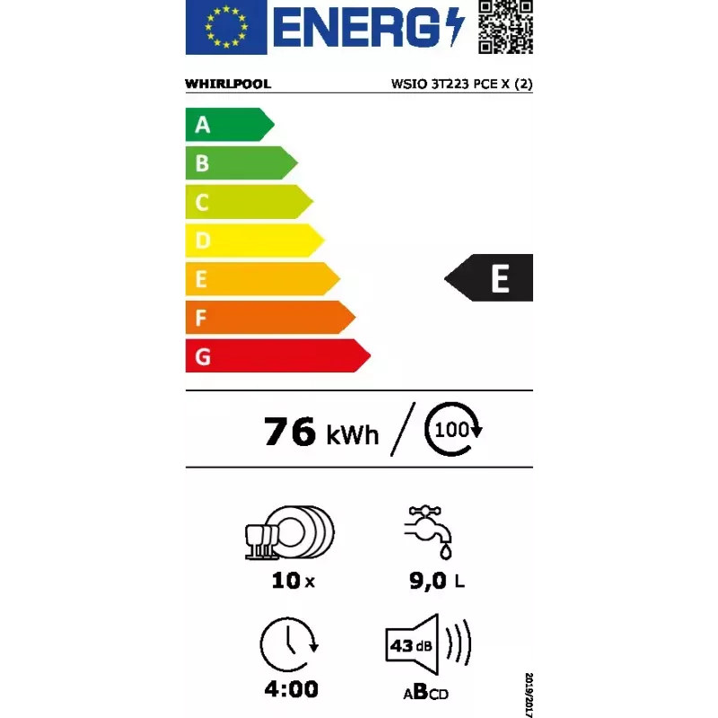Įmontuojamas siauras indaplovė WHIRLPOOL WSIO 3T223 PCE X — 10 komplektų, 43 dB, 45 cm