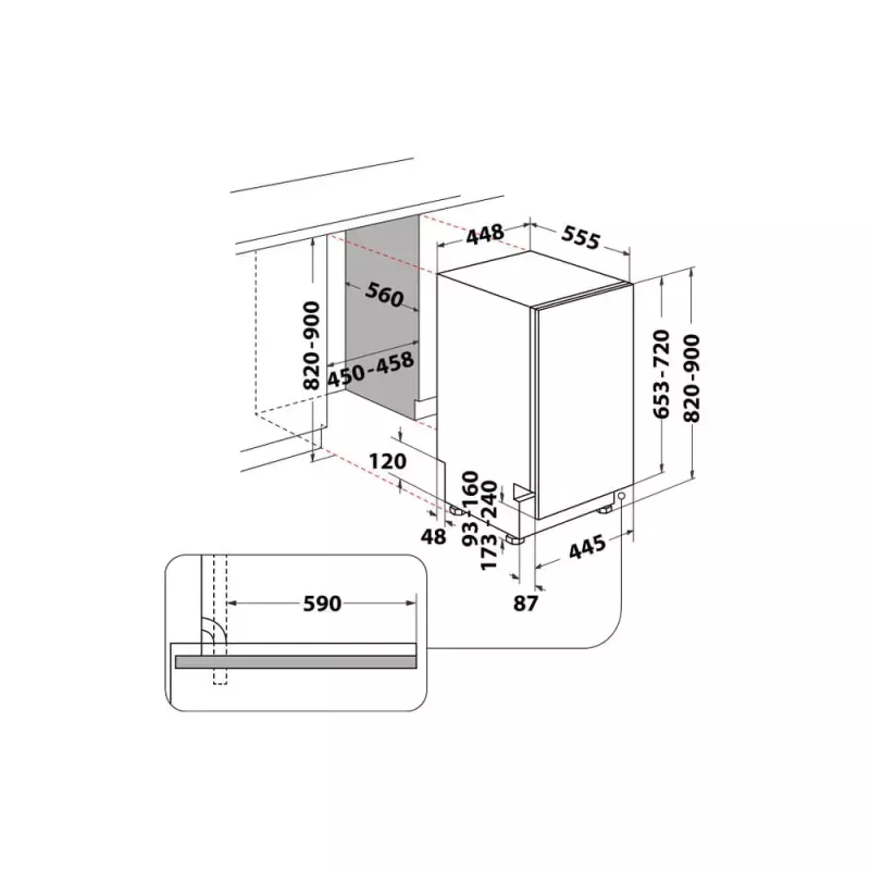Įmontuojamas siauras indaplovė WHIRLPOOL WSIO 3T223 PCE X — 10 komplektų, 43 dB, 45 cm