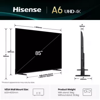 Hisense 85A6Q televizorius 2,16 m (85 colio) 4K Ultra HD Smart TV Wi-Fi juodas 400 cd/m²