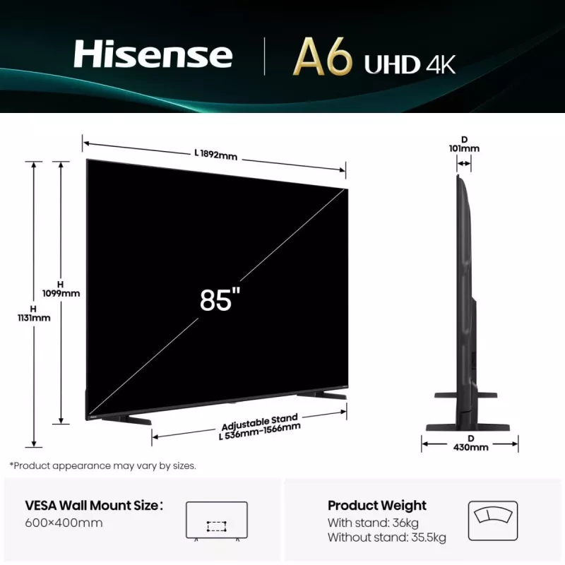 Hisense 85A6Q televizorius 2,16 m (85 colio) 4K Ultra HD Smart TV Wi-Fi juodas 400 cd/m²