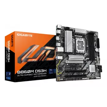 GIGABYTE B860M DS3H pagrindinė plokštė – Intel Core Ultra procesoriams, 5+1+2+1 fazių VRM, iki 9066MHz DDR5, 1xPCIe 5.0 + 1xPCIe 4.0 M.2, 2.5GbE LAN, USB 3.2 Gen 2
