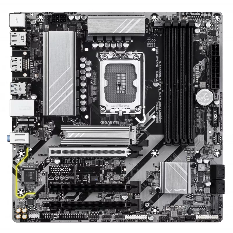 GIGABYTE B860M DS3H pagrindinė plokštė – Intel Core Ultra procesoriams, 5+1+2+1 fazių VRM, iki 9066MHz DDR5, 1xPCIe 5.0 + 1xPCIe 4.0 M.2, 2.5GbE LAN, USB 3.2 Gen 2
