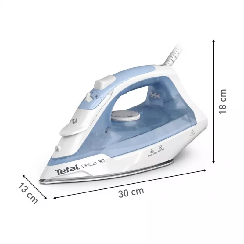 Lyginimo lygintuvas Tefal Virtuo 30 FV2C41E0, sausas/garinis, keraminis padas, 2000 W, mėlynas/baltas