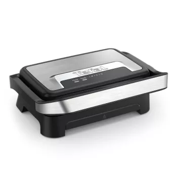 Kontaktinė grilio keptuvė Tefal Inicio Compact GC270D10 – 1000 W, stačiakampė, grotelių paviršius, juoda/nerūdijantis plienas