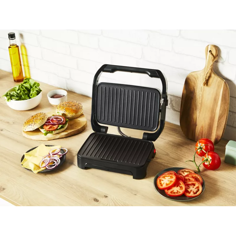 Kontaktinė grilio keptuvė Tefal Inicio Compact GC270D10 – 1000 W, stačiakampė, grotelių paviršius, juoda/nerūdijantis plienas